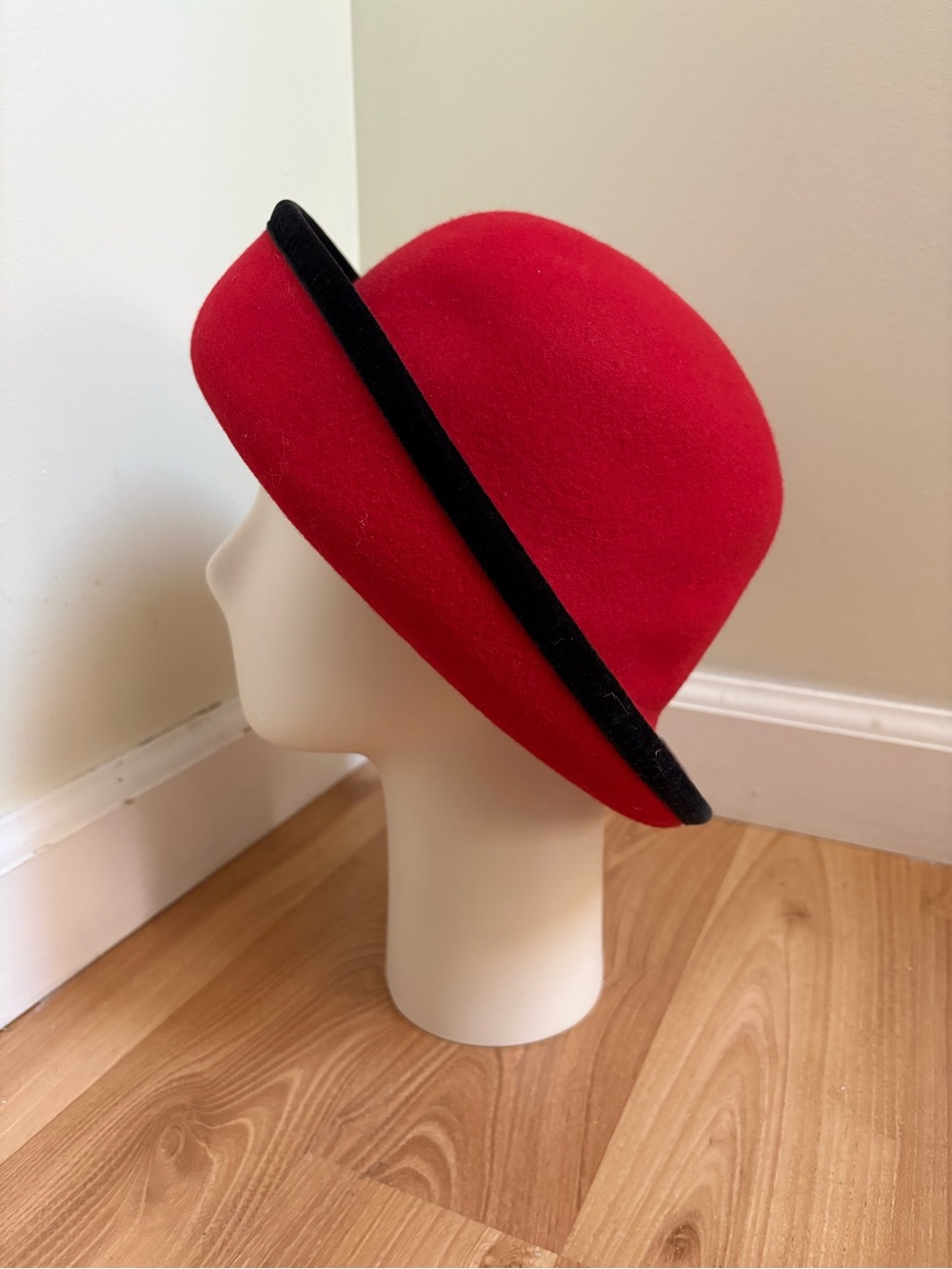 Vintage Old Navy Red Cloche Hat with Black Trim 100% wool made in Italy